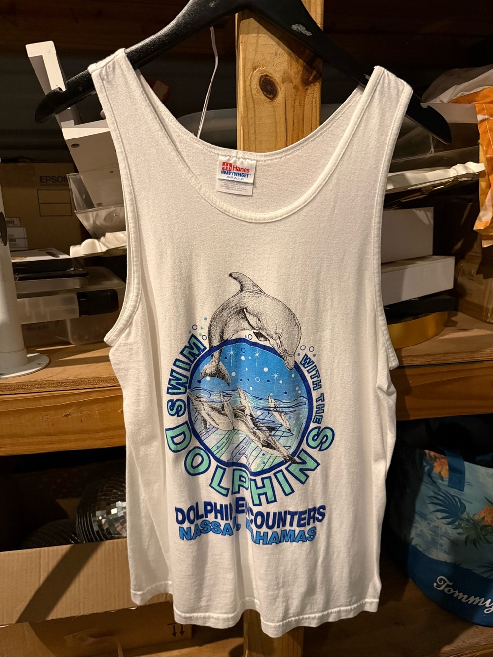 Hanes White Dolphin Graphic Tank Top with Blue and Teal Print